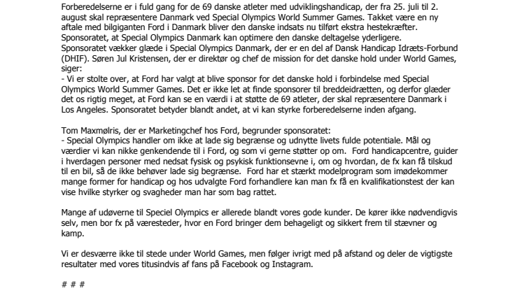 Ford støtter Danmark ved Special Olympics World Summer Games
