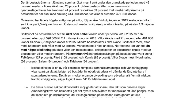 Bostadsbristen har skapat historiskt hög prisutveckling i Jämtlands län åren 2012-2015
