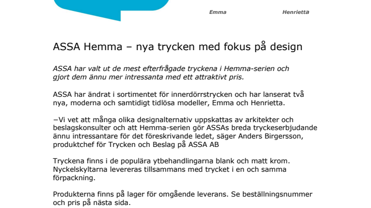ASSA Hemma – nya trycken med fokus på design
