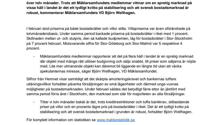 Kommentar till Svensk Mäklarstatistik: ”Tydligt kvitto på stabilisering och i grunden robust marknad” 
