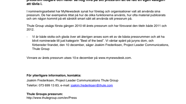 Thule Group nominerade till årets pressrum för fjärde året i rad