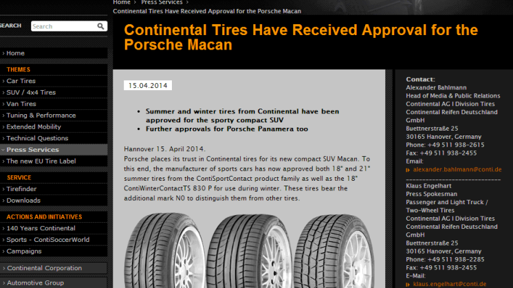 Continental tires have received approval for the Porsche Macan 