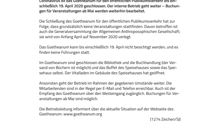 Coronavirus: Goetheanum für Gäste geschlossen – Betrieb geht weiter (Infolge der Entscheidungen des Schweizer Bundesrats zum Coronavirus)