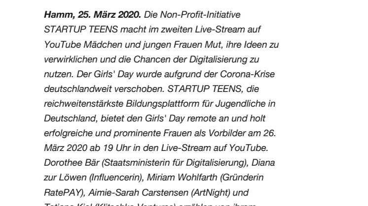 Girls' Day + Female Empowerment "remote": Zweite Live-Session am 26. März 2020 bei YouTube mit Staatsministerin Dorothee Bär