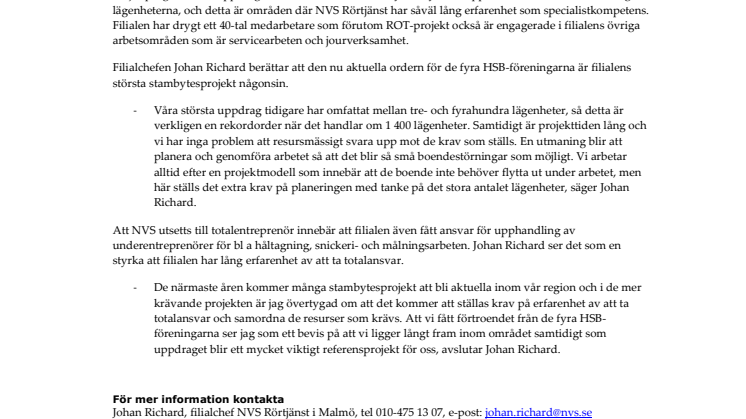 NVS TOTALENTREPRENÖR FÖR STORT STAMBYTESPROJEKT HOS HSB