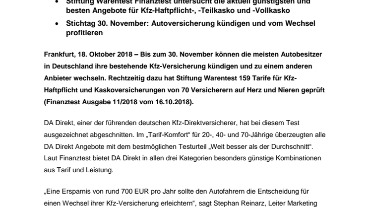 Kfz-Versicherung: DA Direkt überzeugt mit Bestnoten im direkten Vergleich mit 70 Versicherern