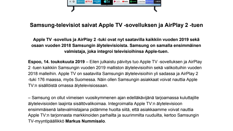 Samsung-televisiot saivat Apple TV -sovelluksen ja AirPlay 2 -tuen