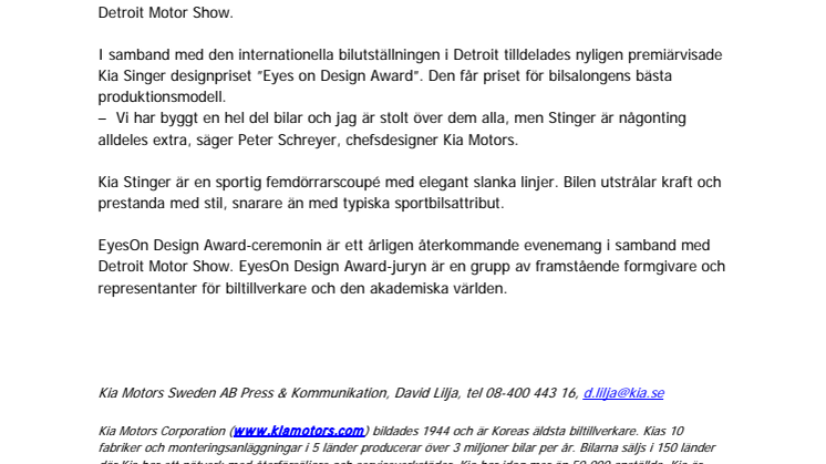 Kia Stinger vinner designpris 