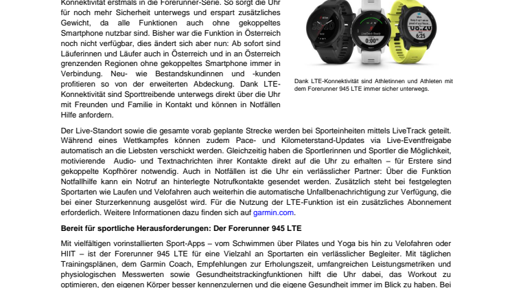 Garmin PM Forerunner 945 LTE: LTE-Ausweitung Österreich