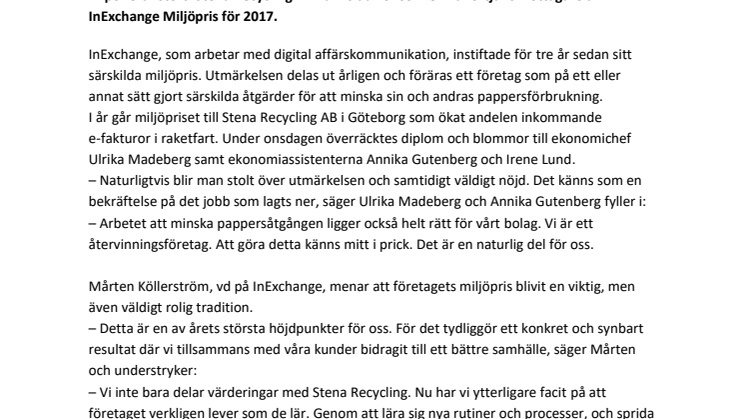 Stena Recycling får InExchange miljöpris 