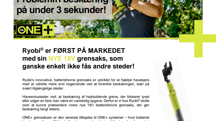 Ryobi® introducerer en ny og unik 18V grensaks