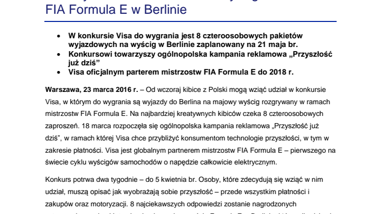 Visa wyśle kibiców z Polski na wyścig mistrzostw FIA Formula E w Berlinie