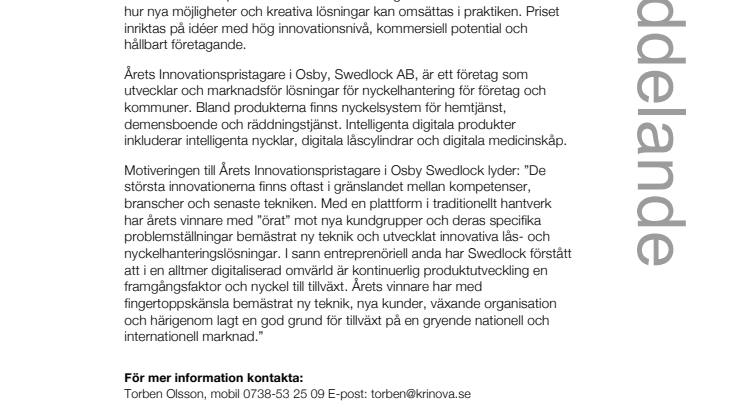 Swedlock vinnare av Årets innovationspris i Osby