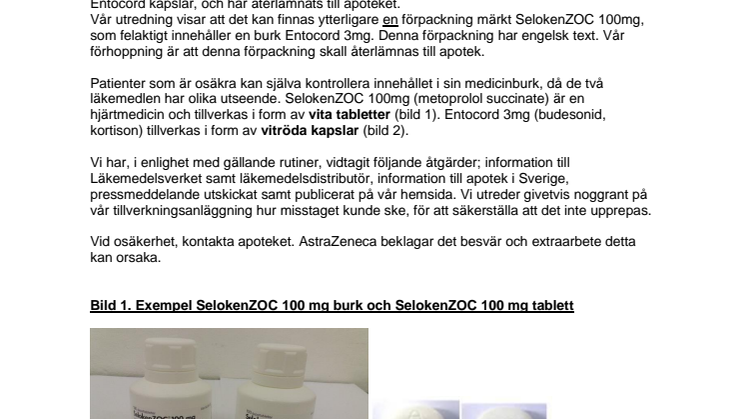 Förpackning märkt SelokenZOC 100 mg kan innehålla fel burk