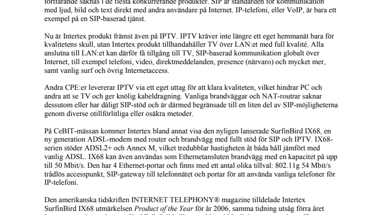 Intertex visar triple play-modem för Multimedia-LAN på CeBIT 2007