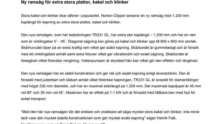 Ny ramsåg för extra stora plattor, kakel och klinker
