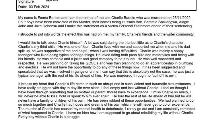 Impact Statement - Emma Bartolo - Charlie's mother.pdf