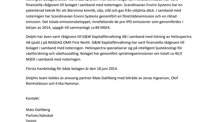 Delphi rådgivare vid listning av Scandinavian Enviro Systems AB (publ.) och Heliospectra AB (publ.) på NASDAQ OMX First North