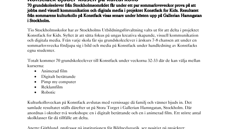 Konstfack bjuder kidsen på kulturkollo 