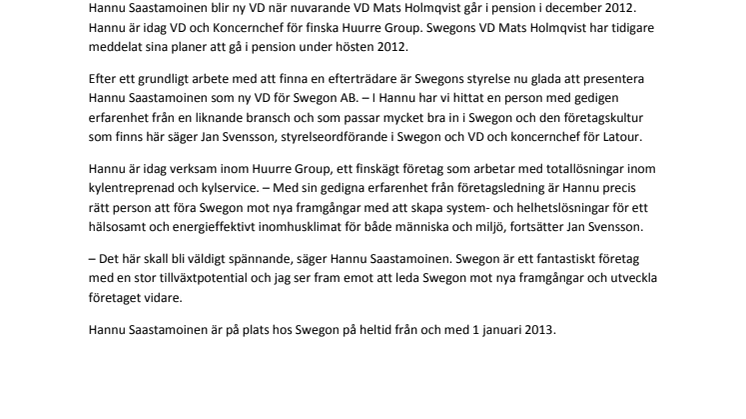 Hannu Saastamoinen ny VD för Swegon AB