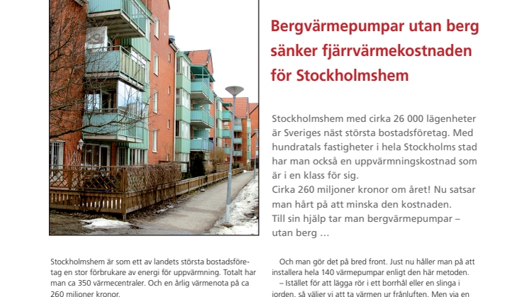 Bergvärmepumpar utan berg sänker fjärrvärmekostnaden för Stockholmshem