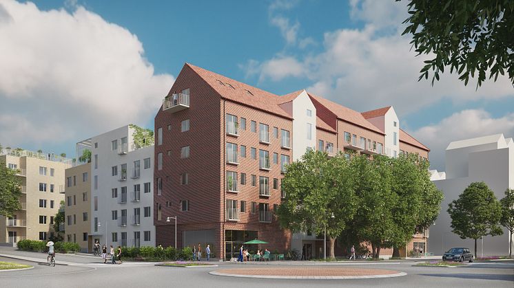 Där Öresundsvägen möter Kobjersvägen blir det ett litet torg i söderläge. Visionsbild: Sweco Architects