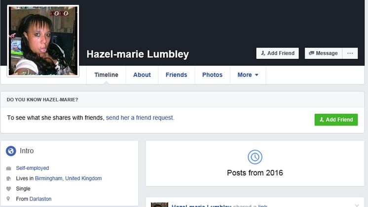 Hazell Lumbley's Facebook profile, used to sell cigarettes