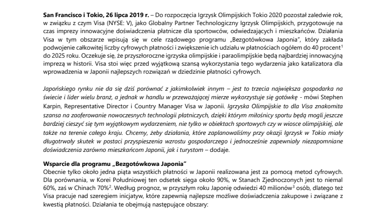Rok przed Igrzyskami Olimpijskimi Tokio 2020  Visa rozpoczyna program „Bezgotówkowa Japonia” 