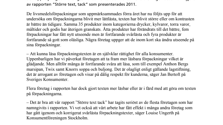 Uppföljning av läsbarhet på förpackningar – fortsatt svårlästa texter 