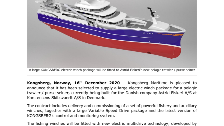 Kongsberg Maritime to deliver a large electric winch package for a new fishing vessel