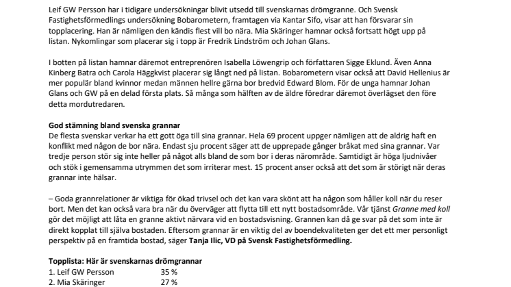 Leif GW, Mia Skäringer och Fredrik Lindström: Här är svenskarnas drömgrannar
