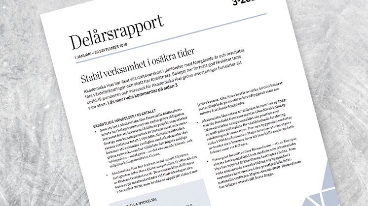 Akademiska Hus delårsrapport 1 januari – 30 september 2020