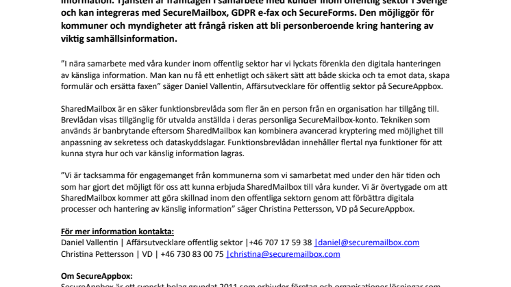 SecureAppbox lanserar SharedMailbox, en sekretess och GDPR säker funktionsbrevlåda för offentlig sektor