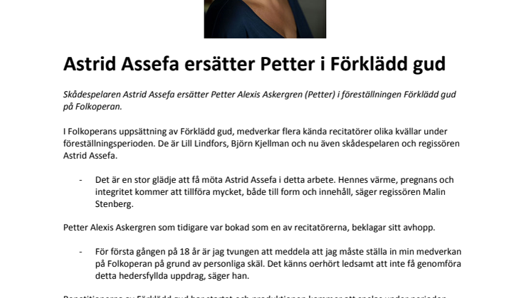 Astrid Assefa ersätter Petter i Förklädd gud