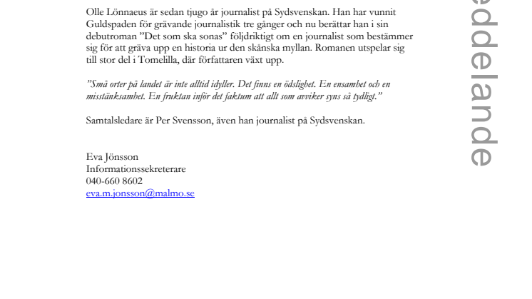 Boksamtal på Stadsbiblioteket i Malmö: "Det som ska sonas" - Olle Lönnaeus i samtal om sin roman