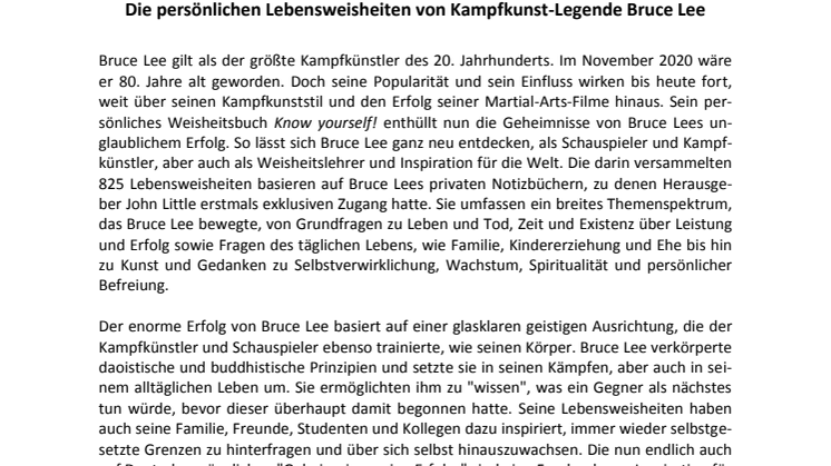 Pressemitteilung: Bruce Lee Know yourself!