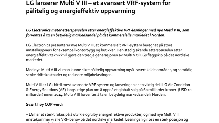 LG lanserer Multi V III – et avansert VRF-system for pålitelig og energieffektiv oppvarming