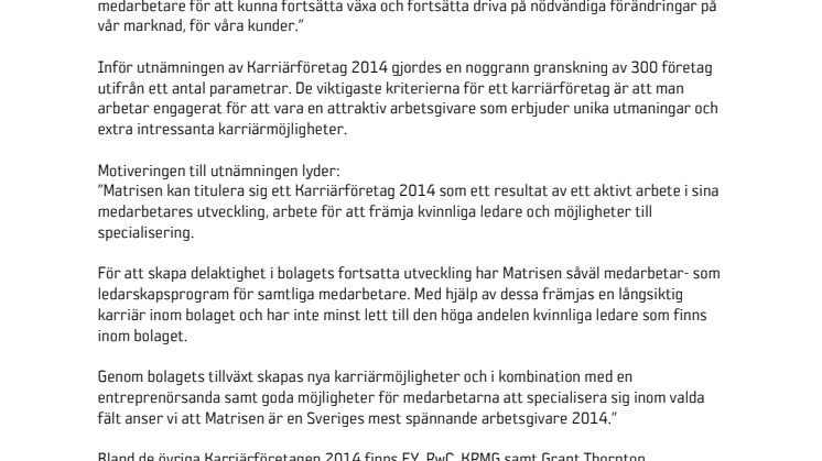 Matrisen utsett till ett av Sveriges bästa karriärföretag