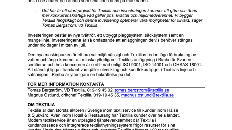 Textilia investerar 50 miljoner i Rimbo