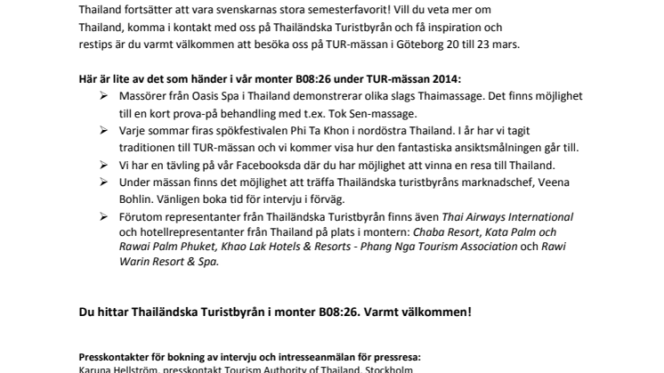  Välkommen till Thailändska Turistbyrån  på TUR-mässan