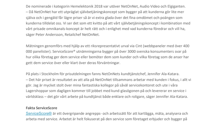 NetOnNet är bäst i Sverige på att ge service i samband med köp av hemelektronik 