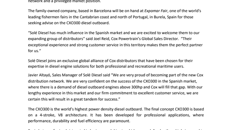 Solé Diesel is Announced as Cox Powertrain's Spanish Distributor
