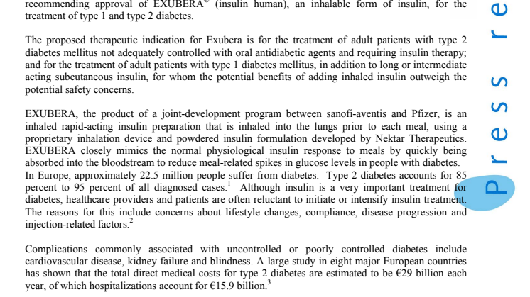 EXUBERA® RECEIVES POSITIVE OPINION FROM CHMP FOR THE TREATMENT OF TYPE 1 + TYPE 2 DIABETES