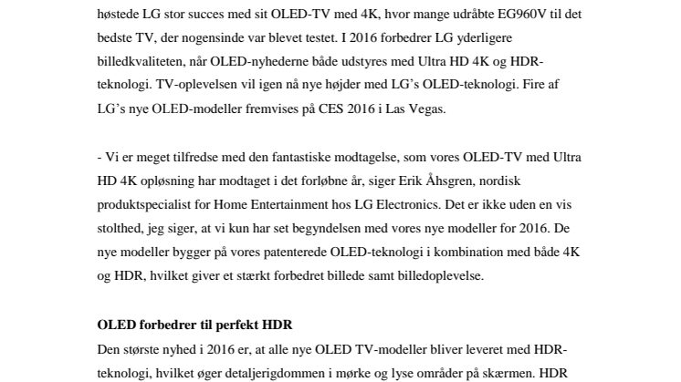 LG’S NYE OLED-FJERNSYN TAGER TV-OPLEVELSEN TIL NYE HØJDER MED 4K, HDR OG 30 PROCENT BEDRE FARVER