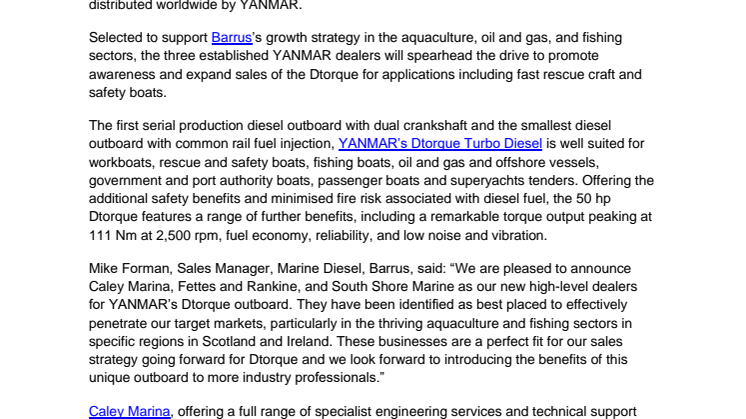 Barrus Appoints Three Dedicated Dealers for YANMAR Dtorque Outboard