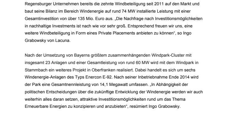 Lacuna bringt weitere Windbeteiligung in den Vertrieb