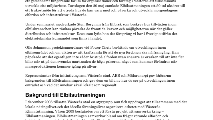 Elbilsutmaningen - en samlad kraft inom Västerås Klimatutmaning