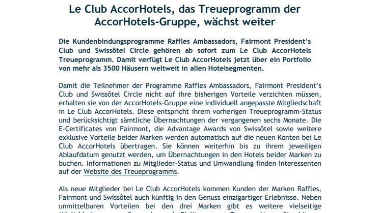 Le Club AccorHotels, das Treueprogramm der AccorHotels-Gruppe, wächst weiter
