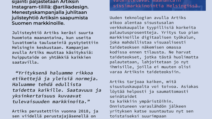 ​Sata luvatonta taulua ilmaiseksi Helsingissä – uusi haastaja Artiks juhlii suurta julkaisuaan sissimarkkinoinnin avulla