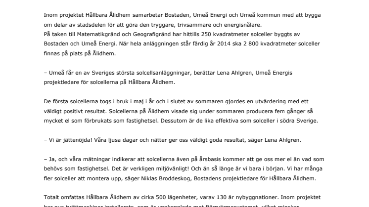 Utvärdering visar: solcellerna på Hållbara Ålidhem täcker hela behovet av fastighetsel